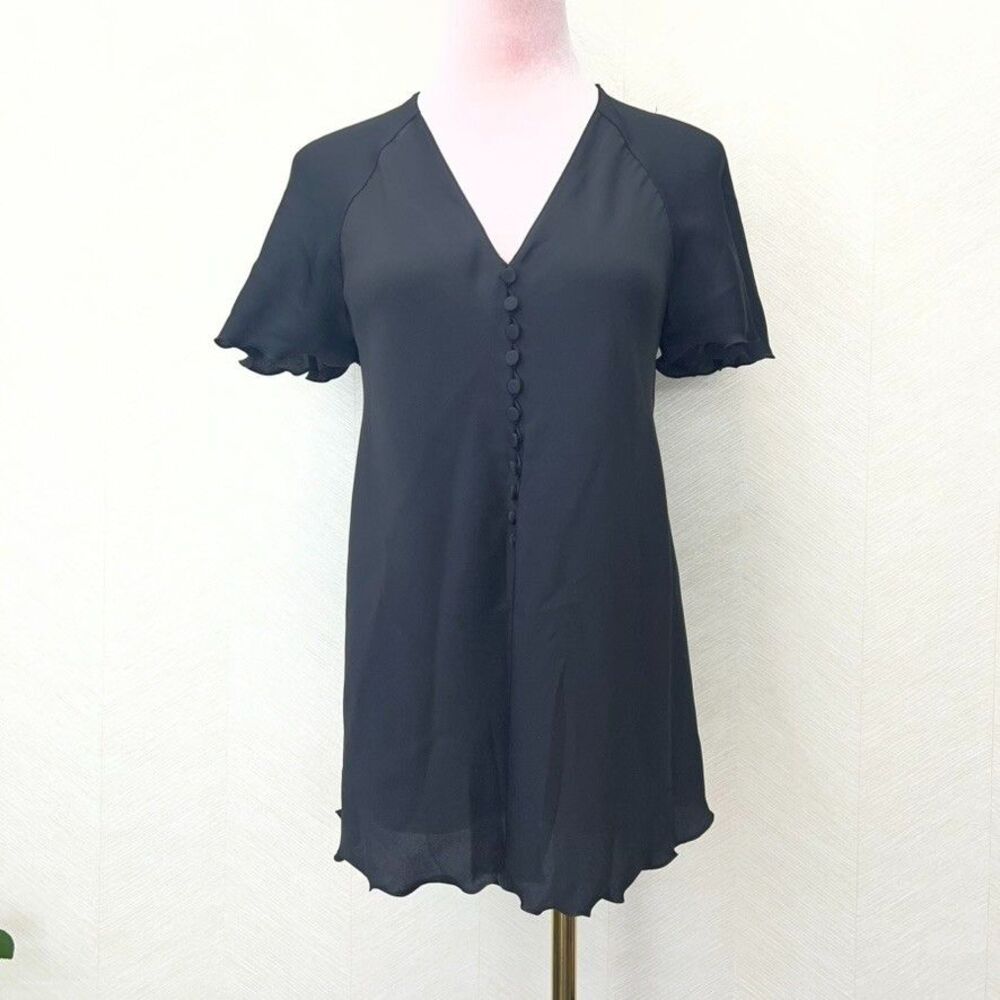 Theory Scalloped Hem Silk V-Neck Button Front Black Blouse Top Womens S
